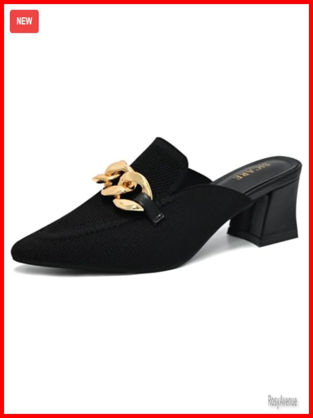 Chunky Heeled Mules for Women Knit Stretch Slip On Pointed Toe Dress Sandals